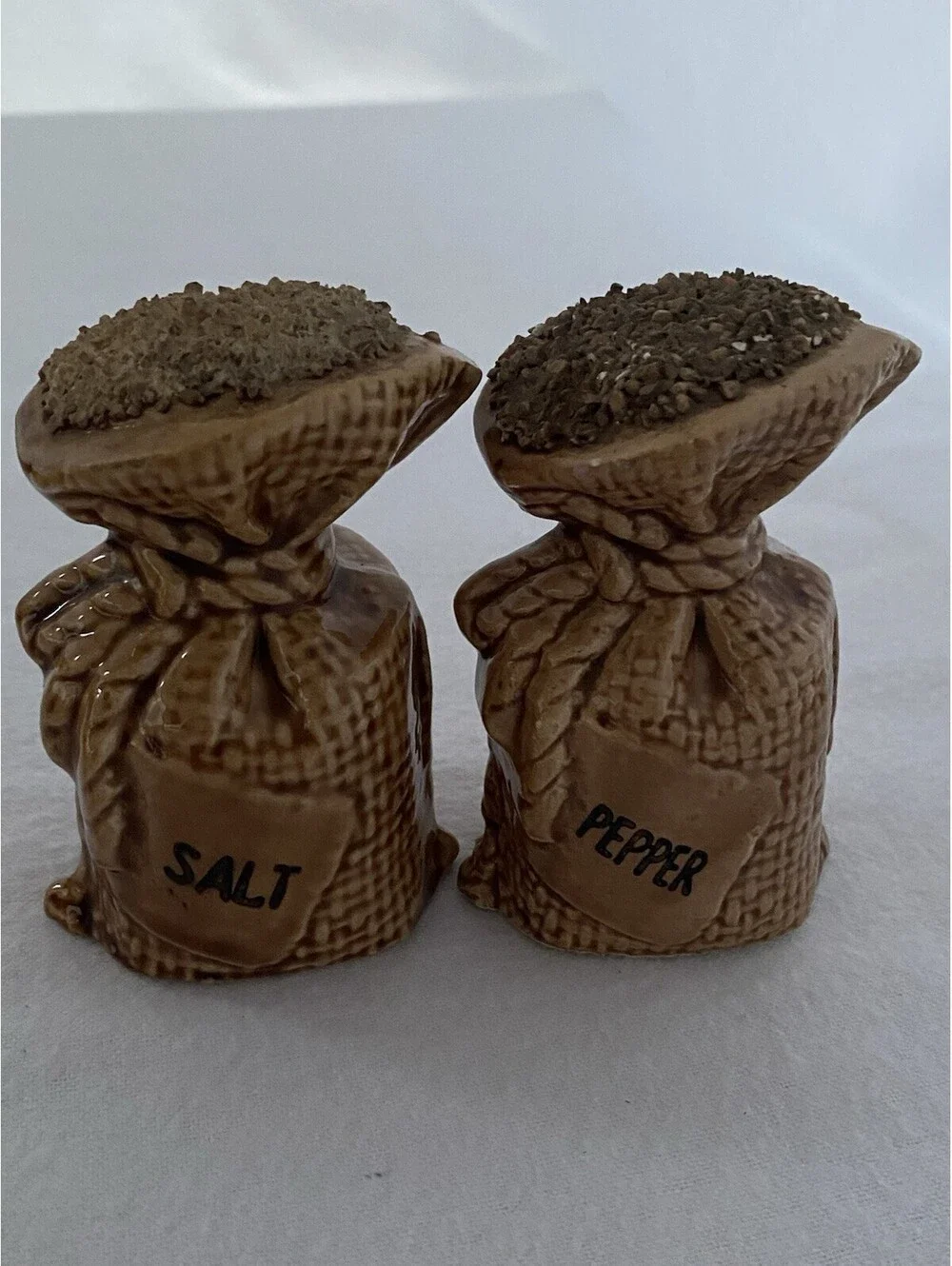 Vintage Burlap Feed Sack Salt And Pepper Shakers: Ceramic